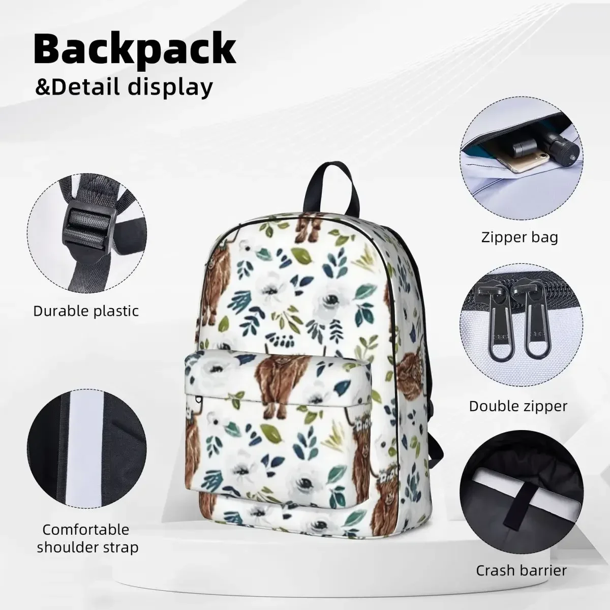 Highland Cow-mochila de decoración de granja para niños, Bolsa Escolar para ordenador portátil, mochila de viaje, Floral, corona Floral, pintura de vaca