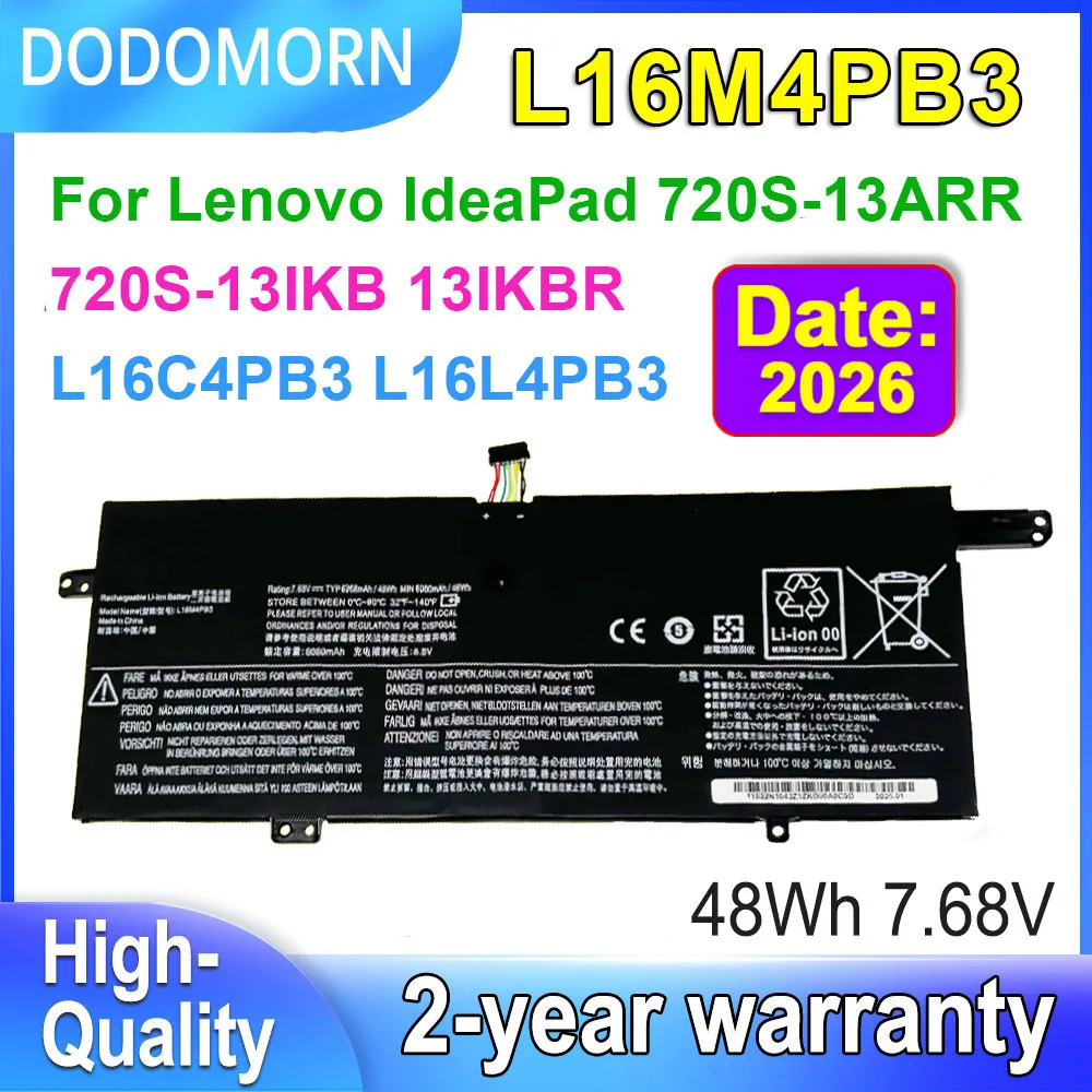 DODOMORN Rechargeable Laptop Battery For IdeaPad 720S-13ARR 720S-13IKB 720S-13IKBR 7.68V 48Wh L16M4PB3 L16C4PB3 L16L4PB3 OEM