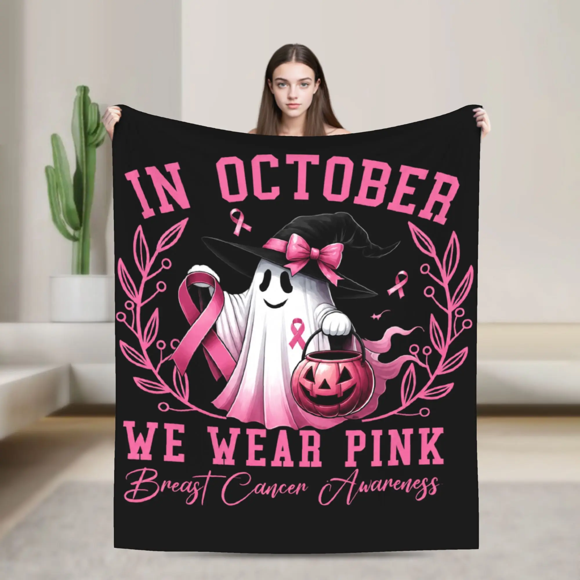 Breast Cancer Awareness Pink October Halloween Ghost Survivor Blanket Fleece Ultra-Soft Throw Blanket for Sofa Car Bedspread