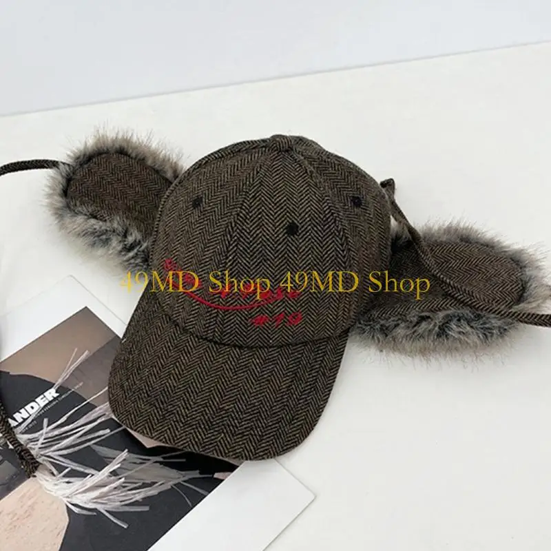 49MD Unique Sports Hat Tartan Check Plush Earflap Furry Baseball Hat for Idol Concert