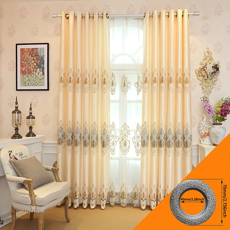 European Luxury Satin Jacquard Embroidery Curtains 2 Panels, Light Gold Grommet Drapes, Light Filtering, Sound & Thermal Insulation Curtain for Bedroom Living Room Villa Homestay Decoration