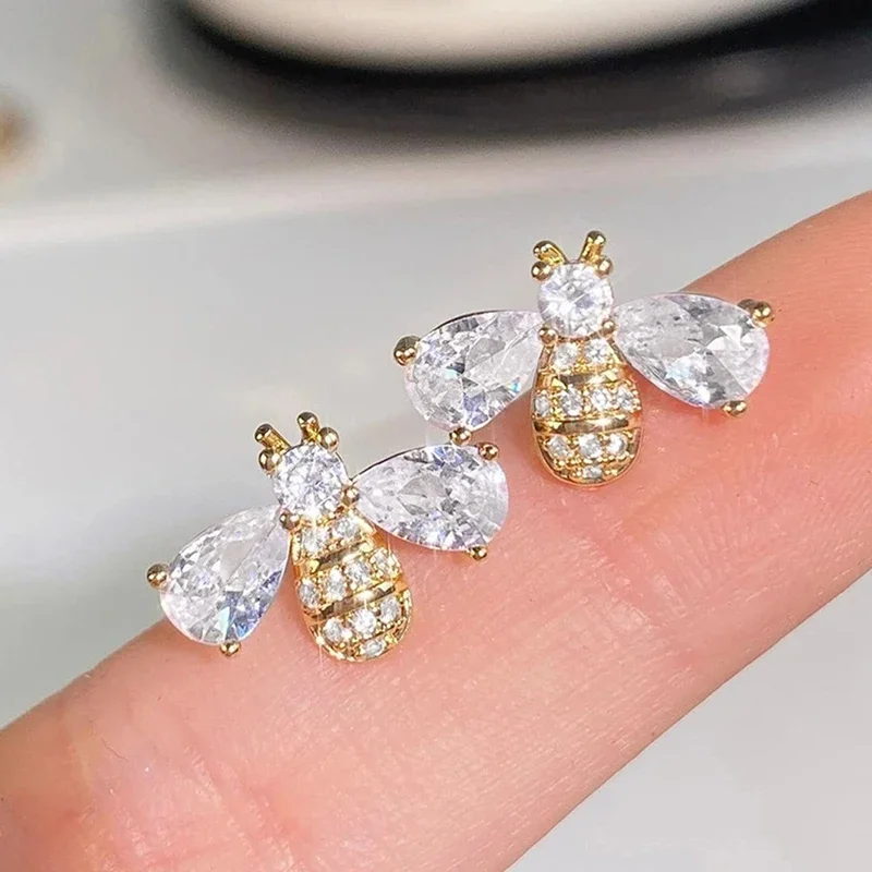 Huitan Sweet Shiny Bee Designed Stud Earrings for Women with CZ Cute Active Ear Accessories Trendy Gorgeous Daily Party Jewelry