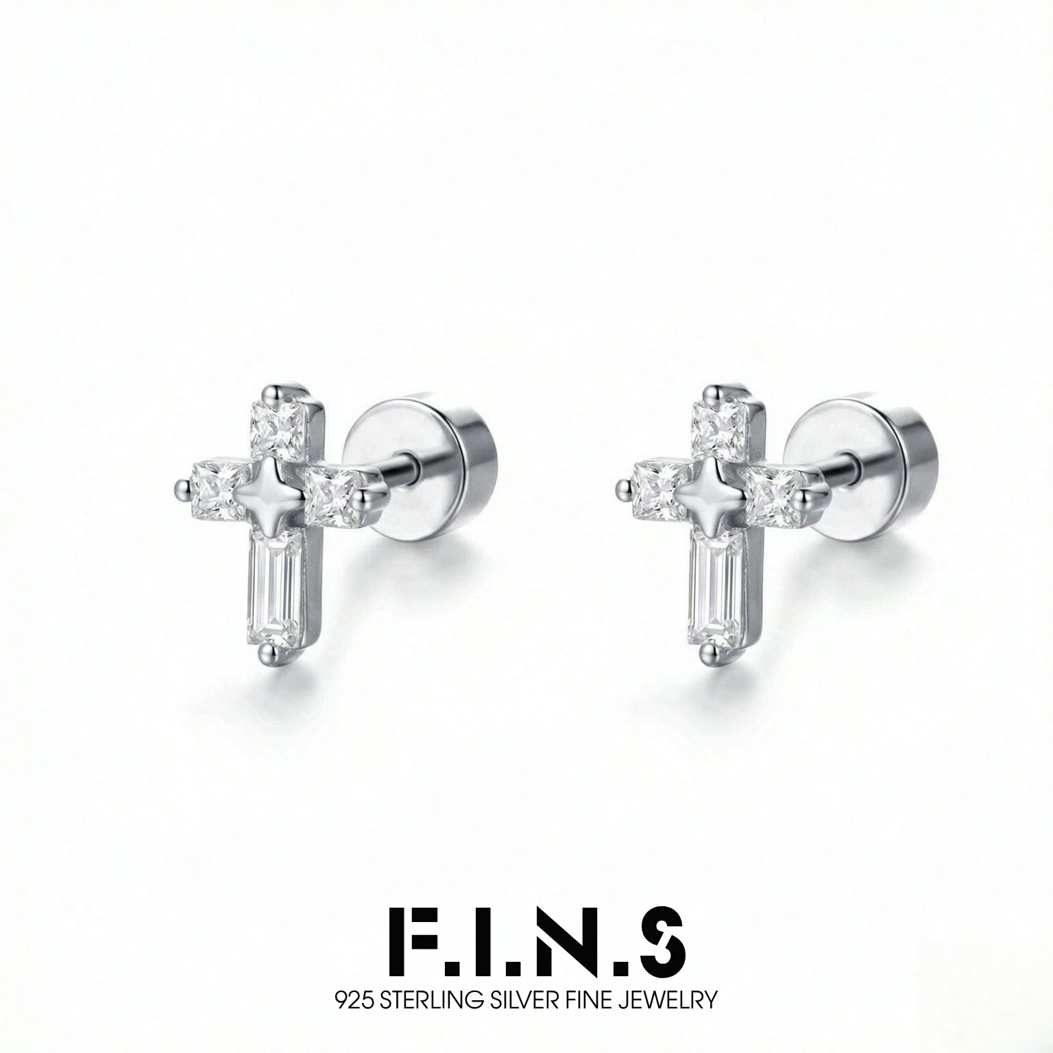 F.I.N.S S925 Sterling Silver Cross Zircon Flat-Head Screw Earrings for Women Men Mini Piercing Ear Studs Fine Jewelry Accessory