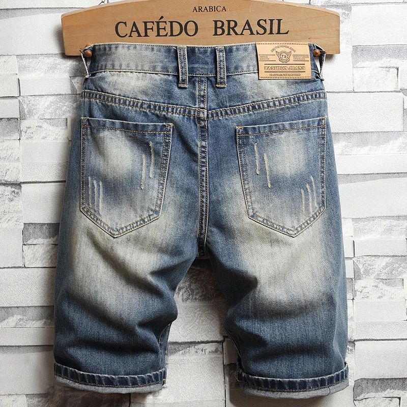 2024 Denim Shorts Men's Summer Fashion Brand Ripped Cool Beggar Loose Straight Trend plus Size Fifth Pants