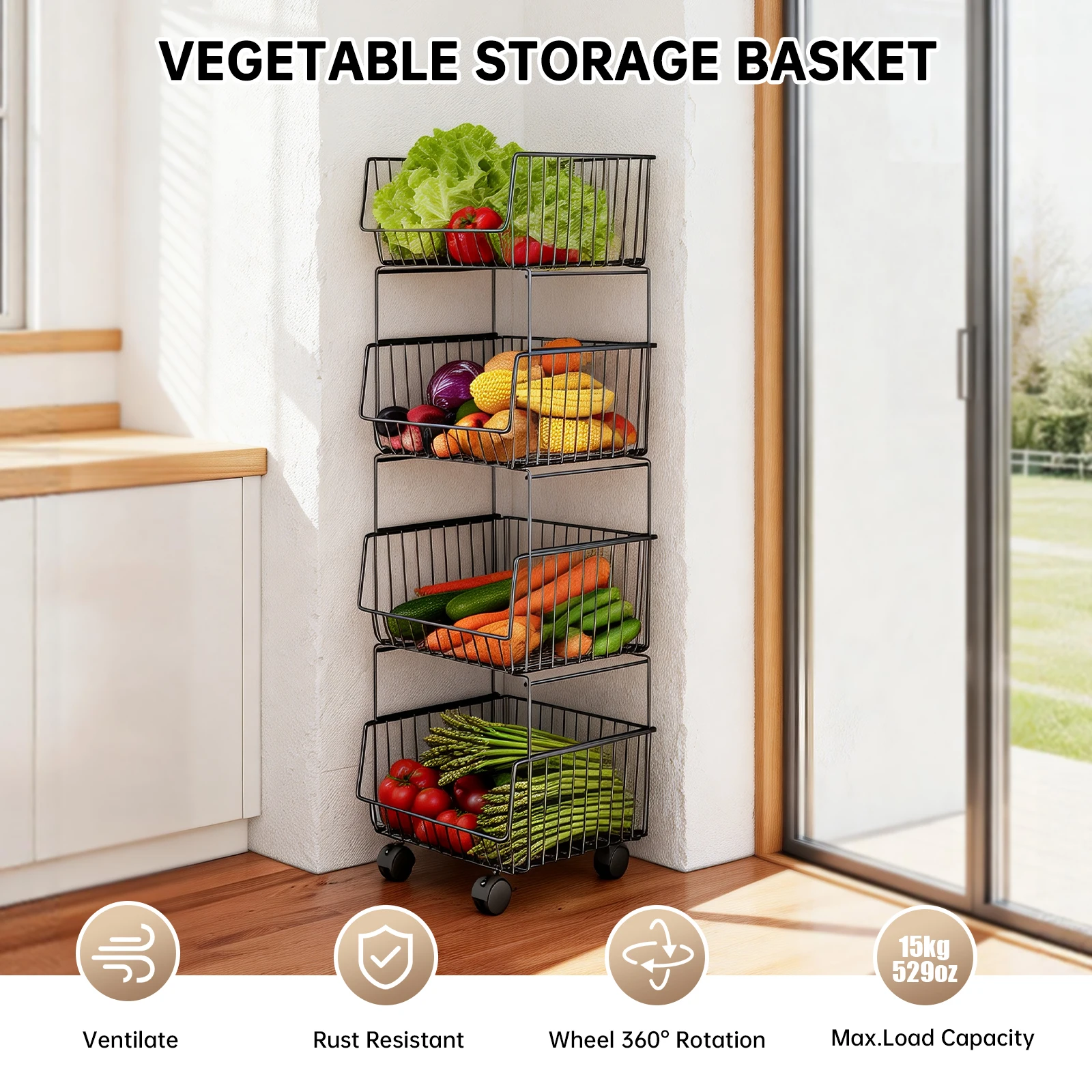 Four-Layer Elevated Stacking Basket Cart Metal Wire Storage Rack for Kitchen Supplies Kitchen Storage Cart