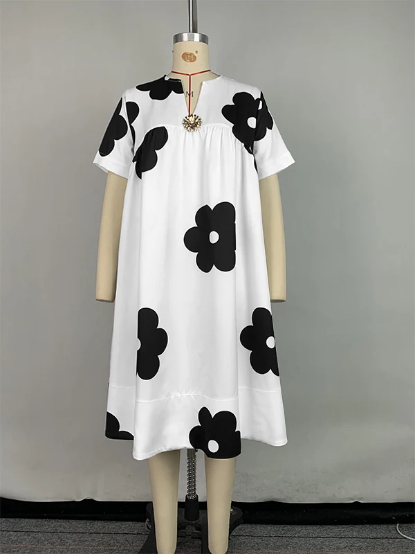

UOOZEE Women 2025 New Summer Floral Printed V-Neck Pleated A-line Dress Short Sleeve Loose Elegant Casual Daily Midi Dresses