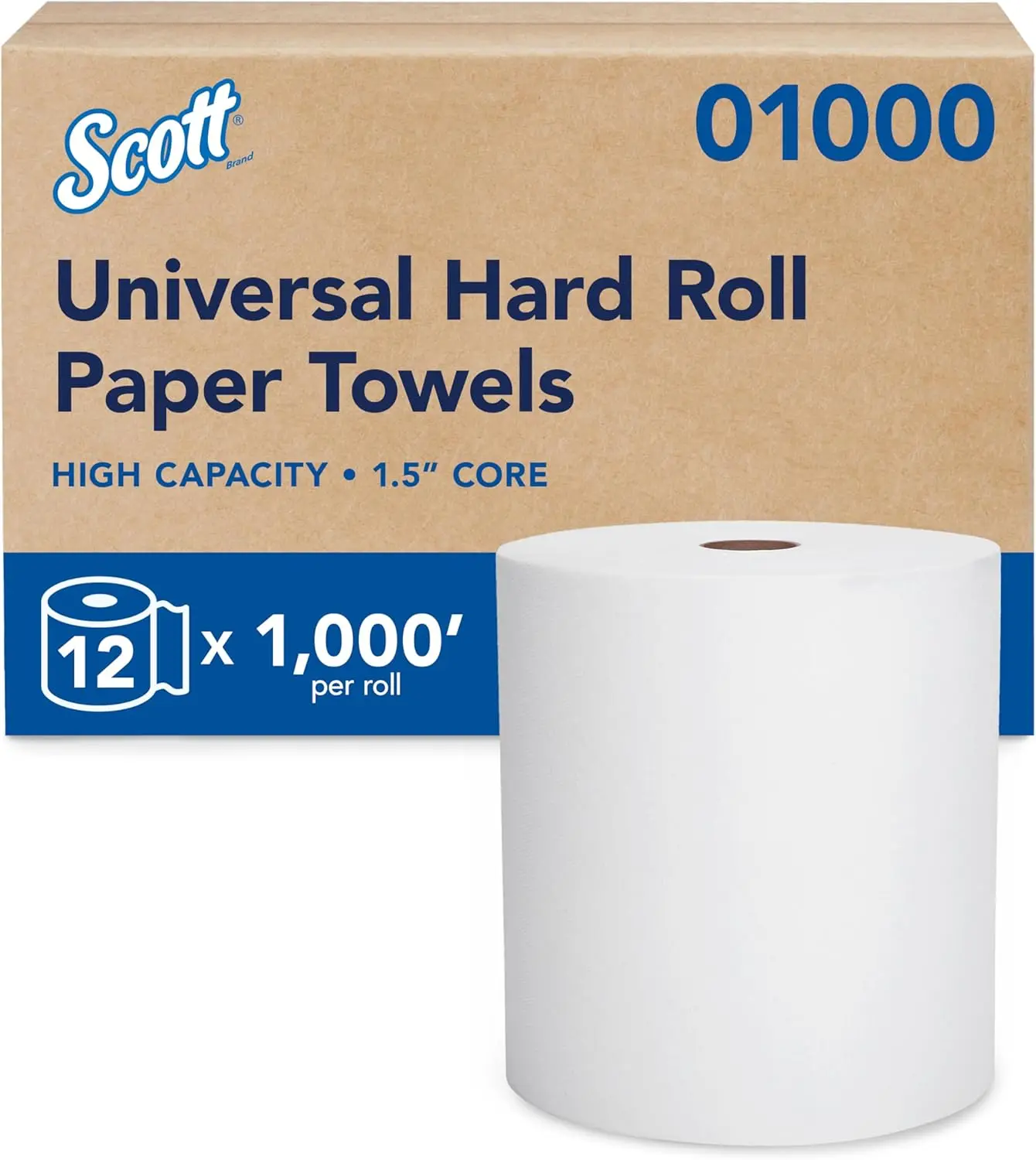 

High-Capacity Hard Roll Paper Towels, Bulk 12 Rolls, Absorbency Pockets, White, 1.5" Core