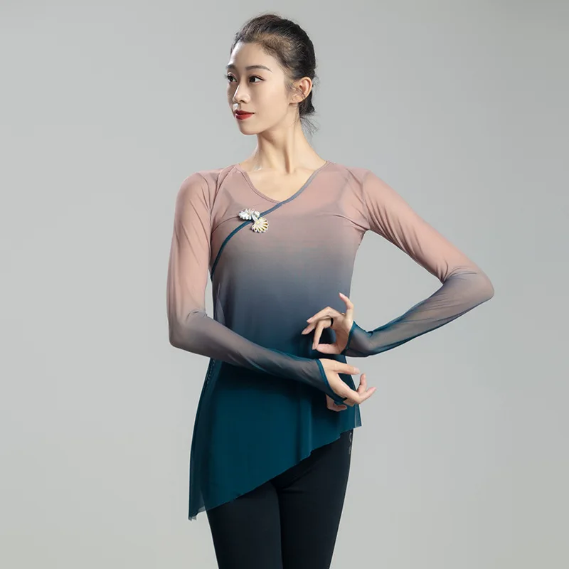 Classical Dance Top Women Gradual Flowing Gauze Clothes Chinese Dance Practice Costume Chinese knot Folk Dance Fairy Mesh Top