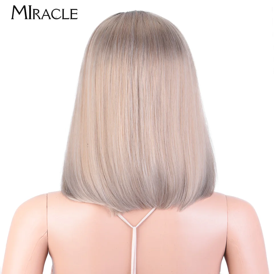 MIRACLE Short Bob Wigs Straight Synthetic Lace Front Wig for Women 12'' Cosplay Wigs with Bangs Ombre Blue Blonde Frontal Wig