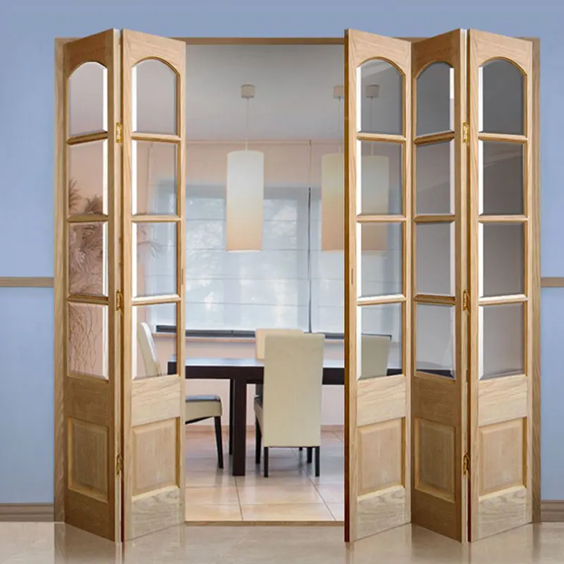 Indoor double folding style soundproof double folding wooden door design modern wooden frame glass partition folding door