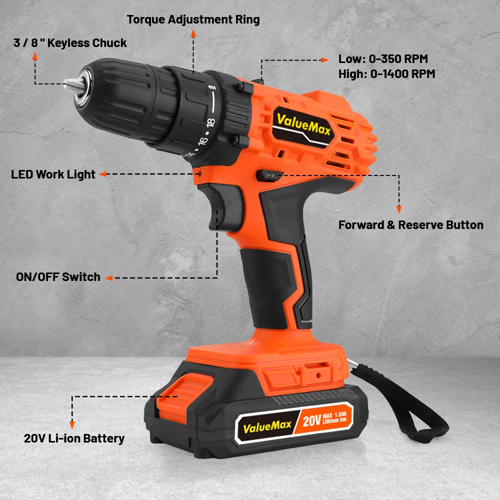 VALUEMAX-Cordless Electric Drill Driver Set, Screwdriver with Makita Interface, 18 Gears Power Tool, 20Pcs Accessories