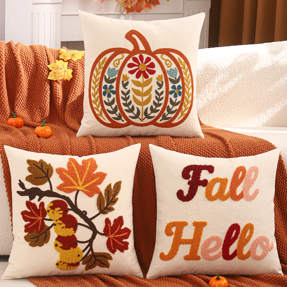 1 piece Halloween decoration pumpkin floral Fall Hello maple leaf canvas embroidered pillowcase Thanksgiving harvest season