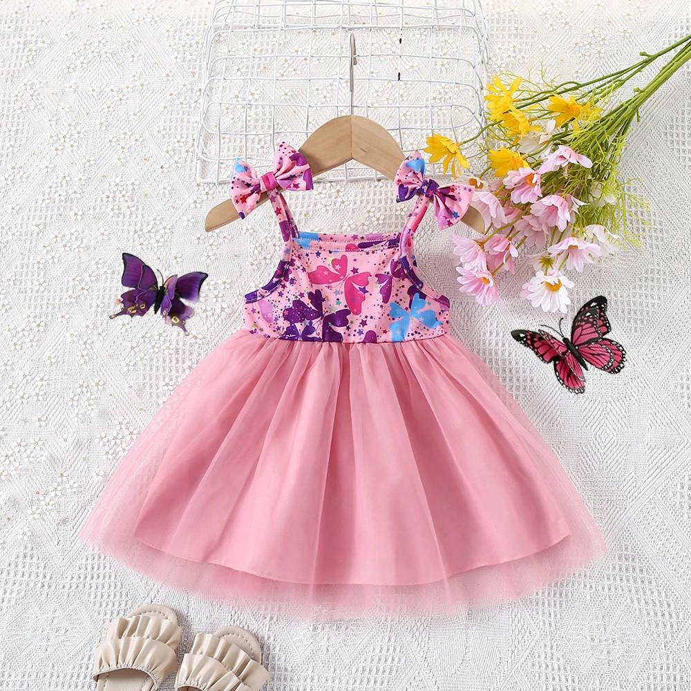 Summer New Girl\'s Cute Bow Suspender Patchwork Beautiful Mesh Fluffy Princess Dress Baby Birthday Party Dress