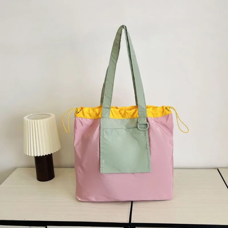New Drawstring Patchwork Colour Large Capacity Shopping Canvas Bag Hundred Shoulder Bag Casual Commuter Bag Waterproof