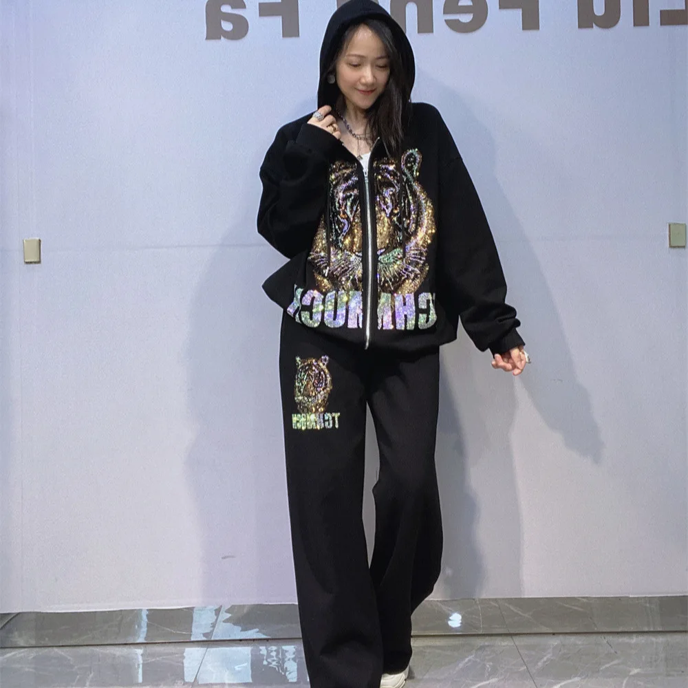 Oversized 2 Piece Sets Womens Outfits Cartoon Tiger Diamonds BlackTracksuit Casual Hooded Zipper Cardigan Top and Pant Suits