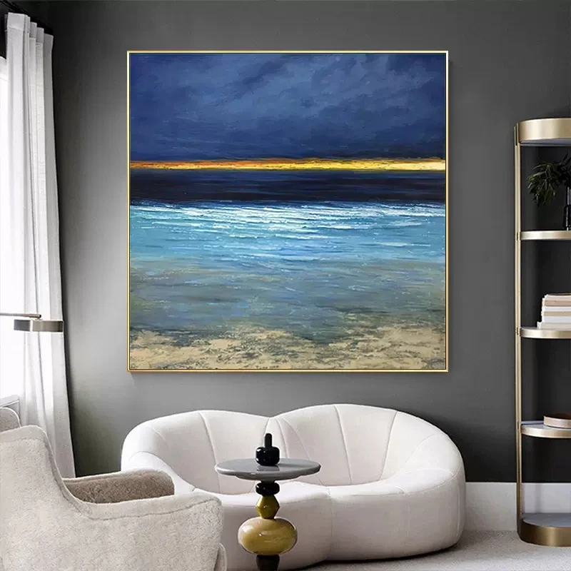 

Hand Painted New Arrival Canvas Wall Art Blue Seascape Modern Abstract Textured Paintings Picture For Living Room Unframed