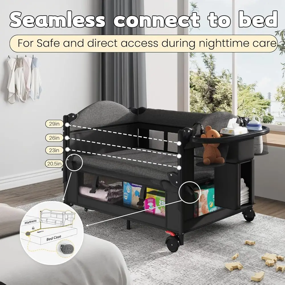سرير أطفال قابل للتحويل 5 في 1 باللون الأسود مع أرجوحة وسرير أطفال ومبدل وشبكة ناموسية ولعبة