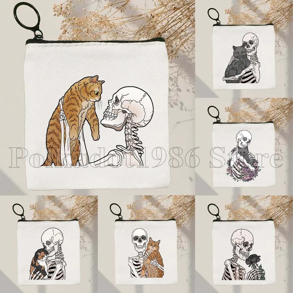

Funny Cute Garden Skeleton with Cat Lover Flowers Skull Rose Animal Gift Canvas Coin Purse Lipstick Bags Key Storage Card Wallet