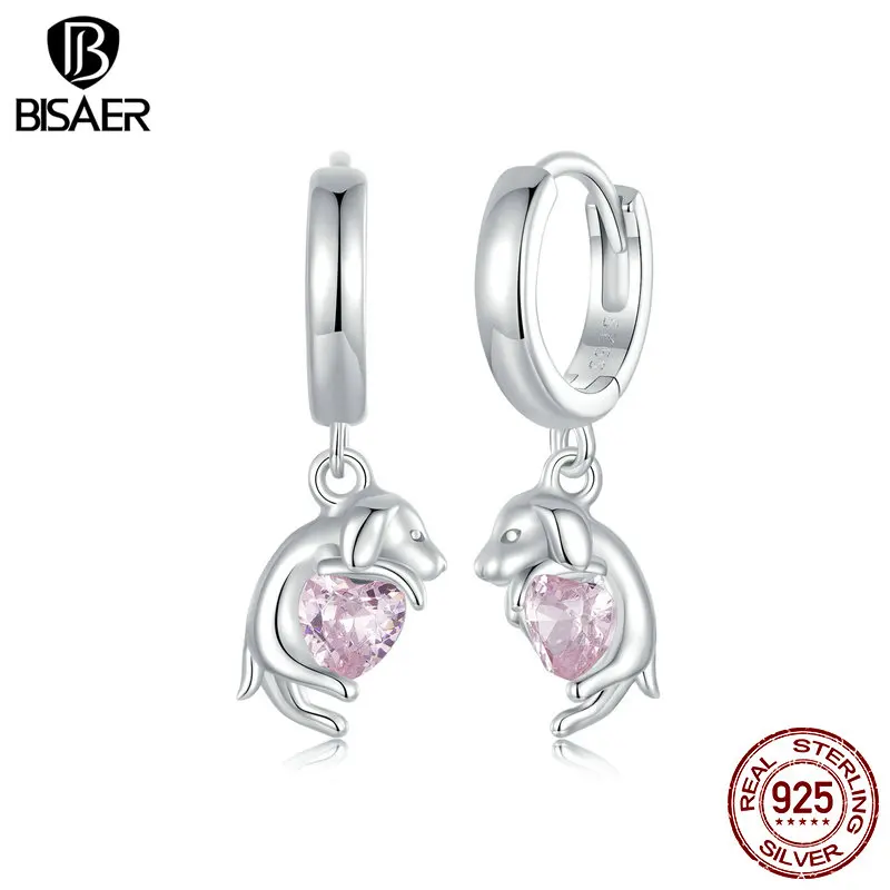 BISAER Real 925 Sterling Silver z uroczym Golden retrieverem klamry na uszy Pet Dog Hoop kolczyki platerowane białe złoto dla kobiet szlachetna biżuteria