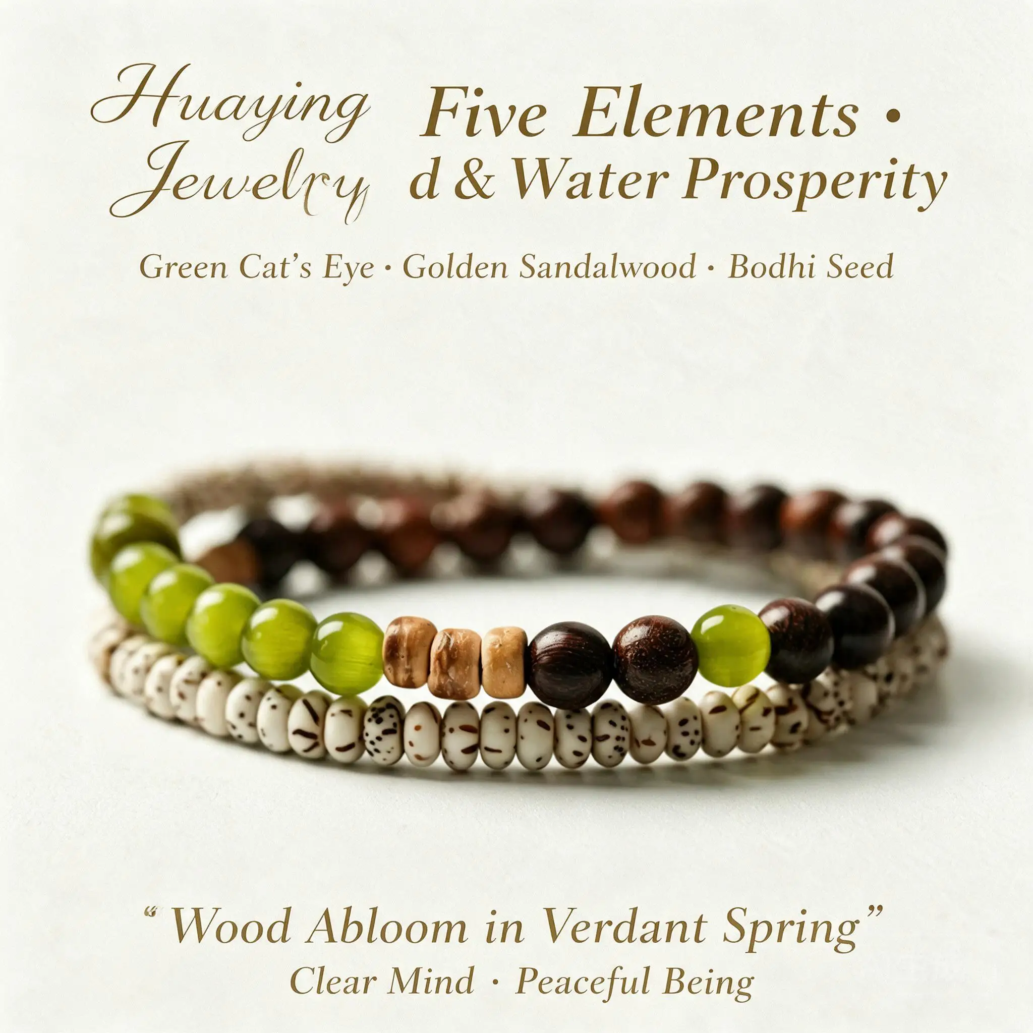 Chinese Style Double Wrap Handstring Bracelet Natural Golden Sandalwood Star Moon Bodhi Green Cat Eye Beads For Lucky Women Gift