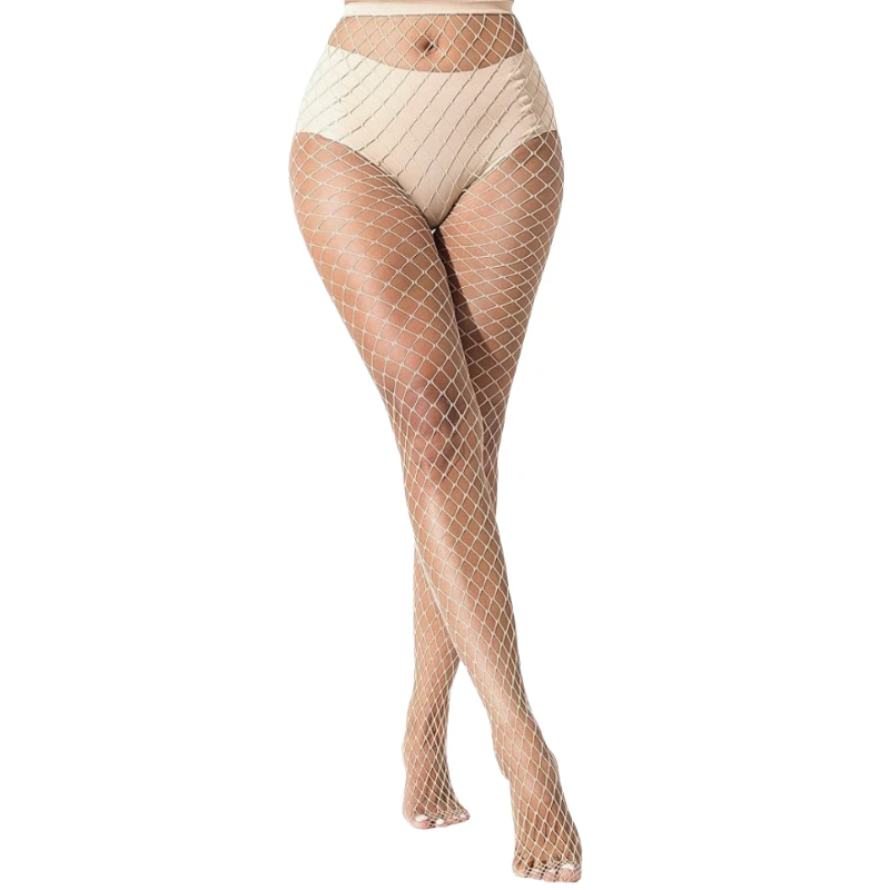 Breathable Fishnet Hosiery Women's Beige Bodystockings Erotic Lingerie Female Thigh High Pantyhose Summer Lady High Waist Tights