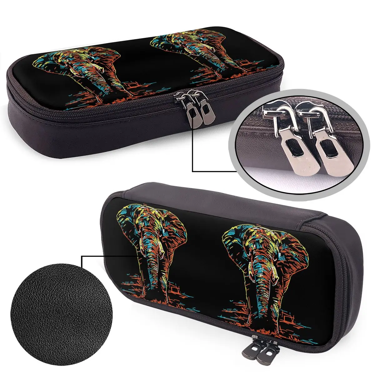 Abstract Elephant Neon Illustration Leather Pencil Case for Boy Girl Gifts Pen Box Pencil Bag Stationery Supplies Pen Holder Bag