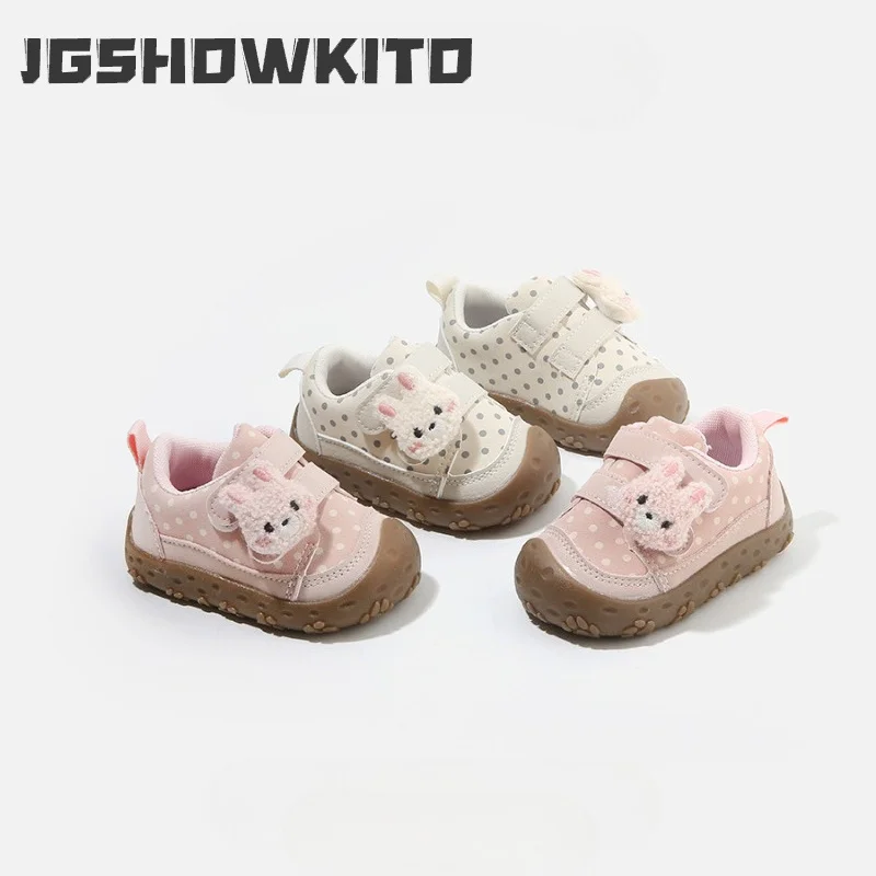 JGSHOWKITO Children Girl Walking Sneakers Cute Rabbit Decor Polka Dot Toddler Baby Shoes Outdoor Non-slip Soft Kids Causal Shoes