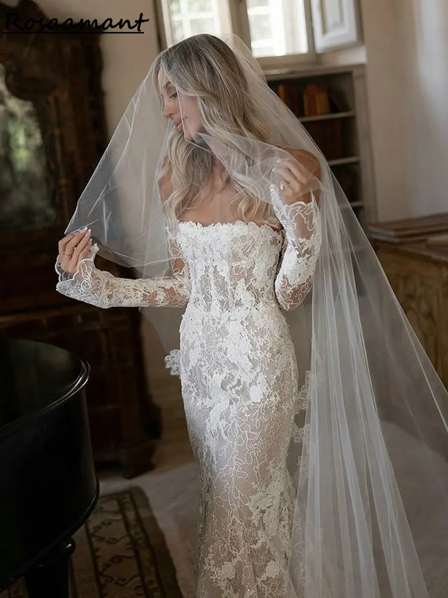 2025 Apliques de ilusión Vestidos de novia de sirena de encaje Cariño Manga desmontable Boho Country Vestidos de novia personalizados