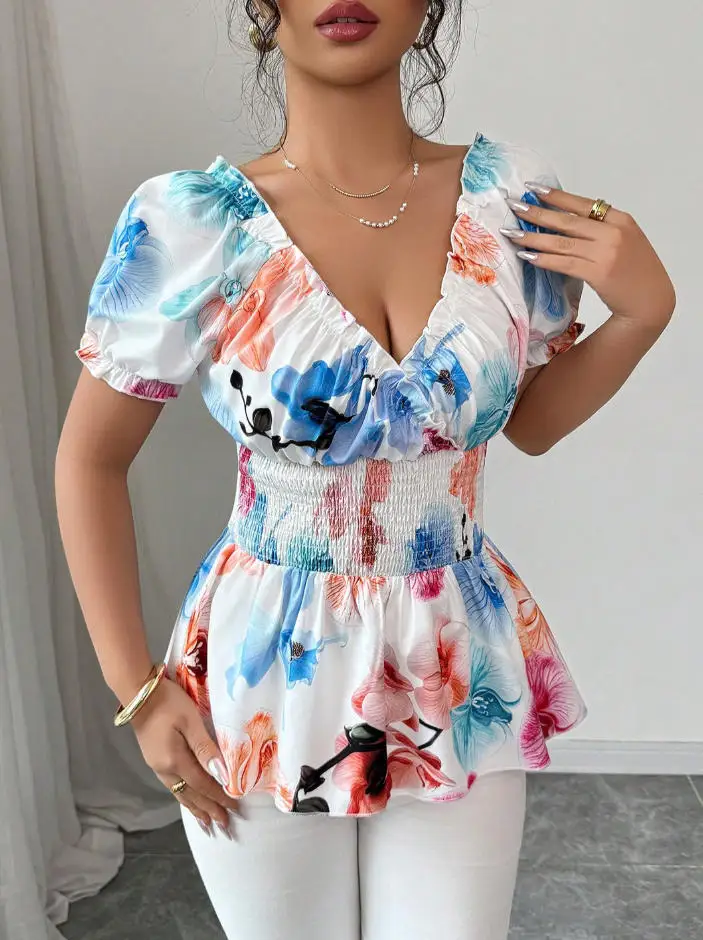 Women's Top 2026 Spring Summer New Fashion Print V-Neck Short Sleeve Shirred Cinched Waist Casual Versatile Daily T-Shirt Top
