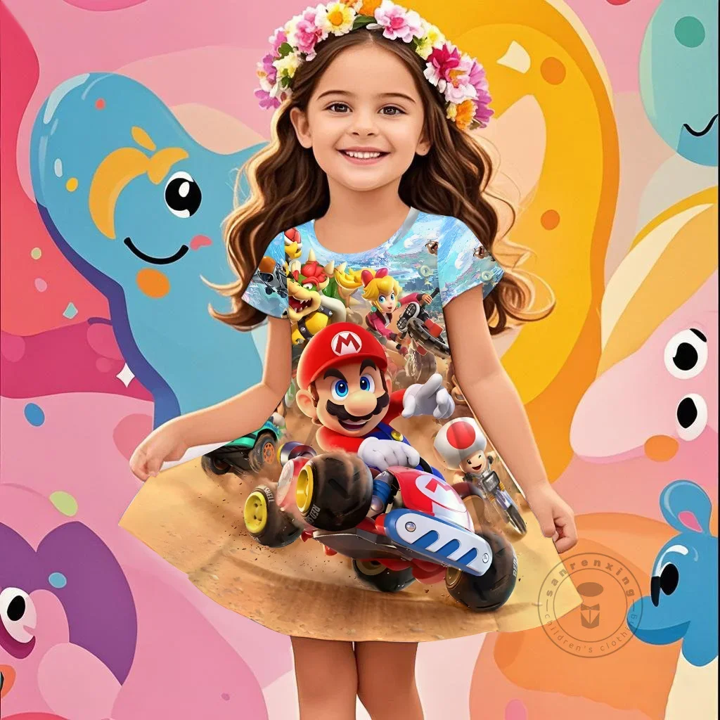 

Платье с героями мультфильмов «Супер Марио» для девочек, летнее повседневное кавайное платье с короткими рукавами и круглым вырезом с 3D принтом для детей 3-14 лет, милое