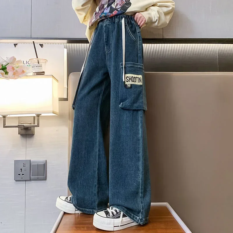 

New 2025 Girls Fashion Big Pocket Jeans Long Trousers Kids Loose Straight Leg Denim Cargo Pants Teen Spring Casual Clothing