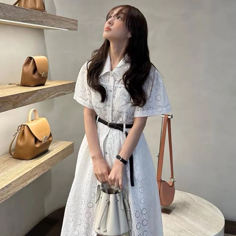 

Chic Korean Sle Summer Dr Hollow out Bateau Ne Bubble Sve Mid-Length Slimming Waistline Women's Faion Dr