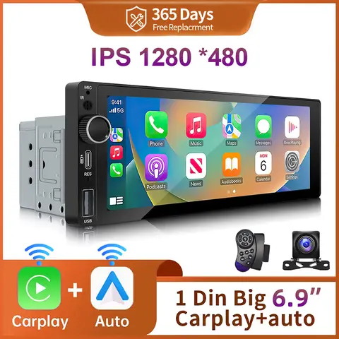IPS 6.9 pouces 1Din sans fil ou filaire Carplay Android Auto autoradio multimédia lecteur MP5 1 Din DVD Bluetooth stéréo USB charge