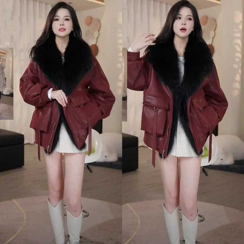 Thickened Leather Jacket Fox-like Fur Collar Cotton-padded Jacket High-end Faux Fur Overcoming Thickened Leather Hepburn Style