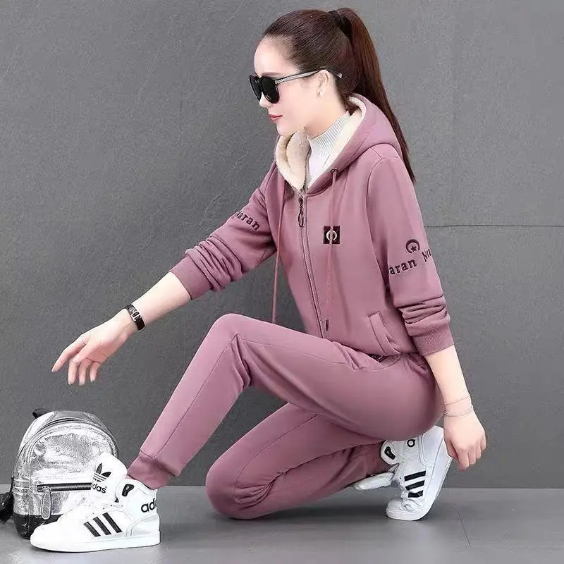 Korean Popular Autumn and Winter New Plush Thick Hoodie Casual Trousers Two-piece Elegant Women\'s Running Sports Suit Pants Set