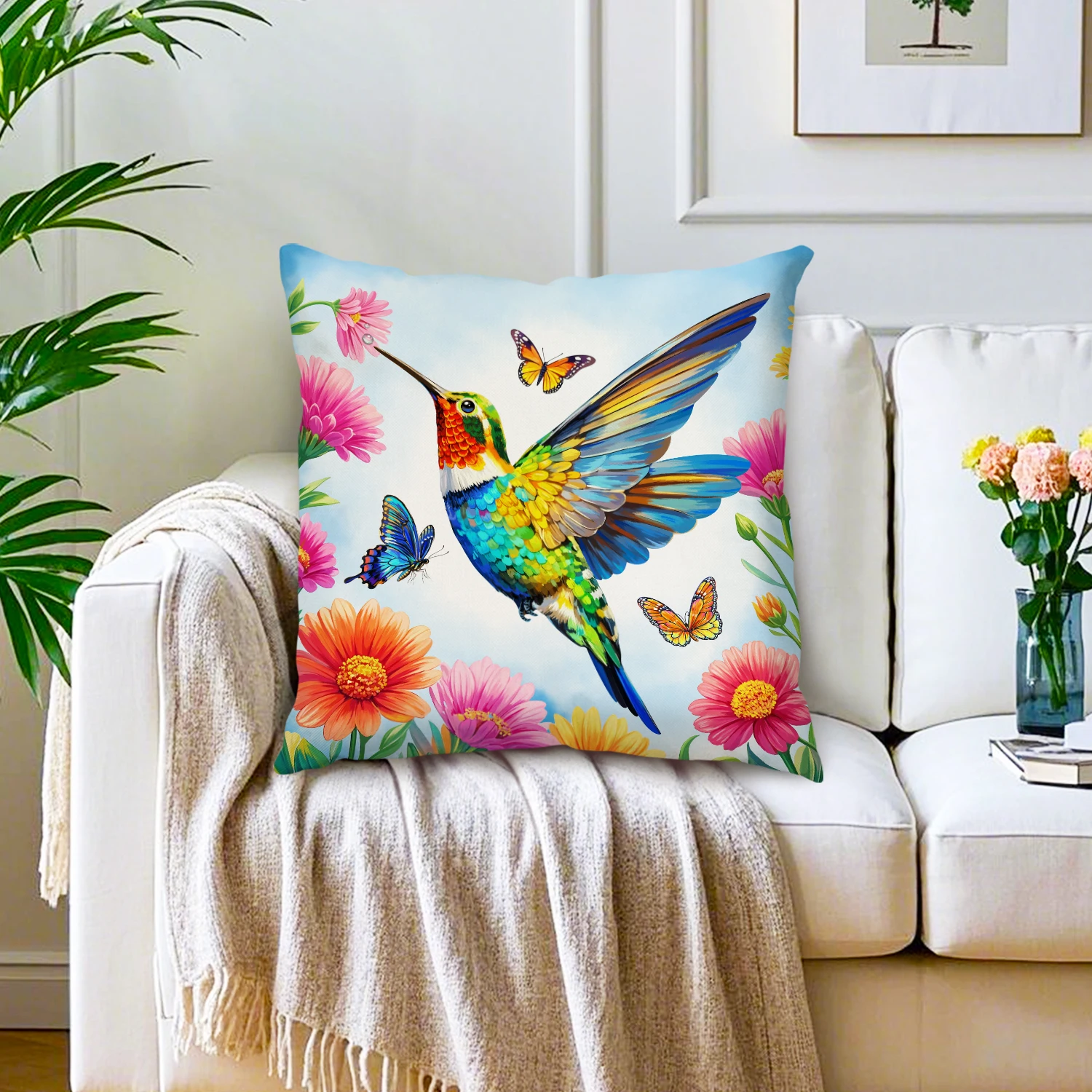Hummingbird Floral Cushion Cover Butterfly Botanical Decorative Throw Pillowcase Spring Garden Nature Decor Sofa Bedroom Patio