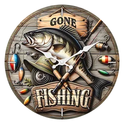 Personalized Fishing Gear Pattern Wooden Wall Clock Living Room Bedroom Kitchen Home Decoration Wall Clock Silent Quartz Clock Holiday Gift 11.2inch Inches 15.6inch Inches (Without Batteries)