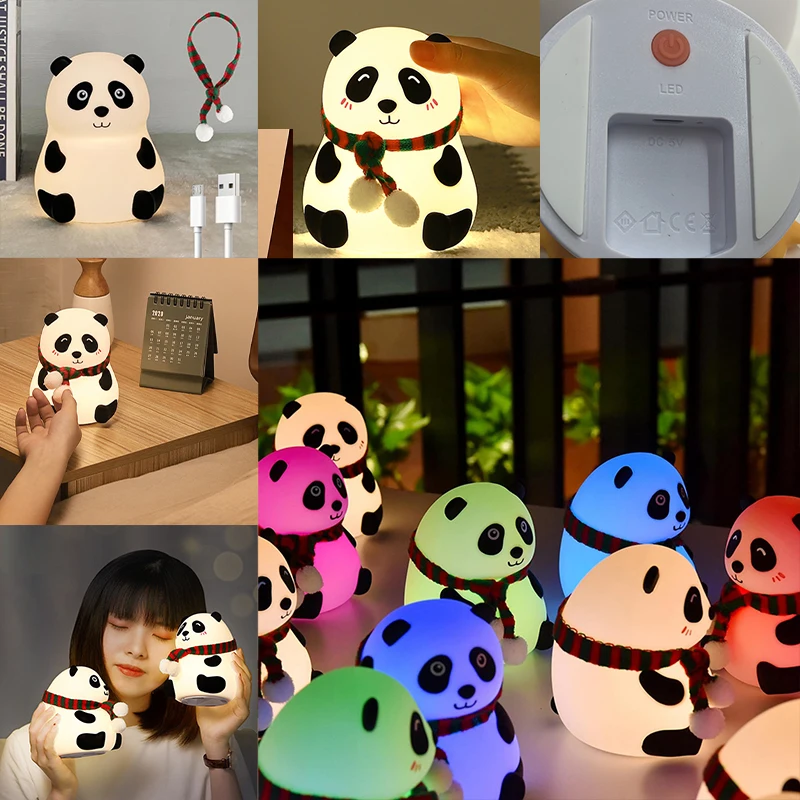 Lâmpada de Silicone de Panda Bonito, Sensor de Toque, LED Recarregável, Lâmpada de Quarto, Lâmpada de Cabeceira, Brinquedo de Desenho Animado, Luz Noturna para Dormir, Presente de Aniversário para Crianças