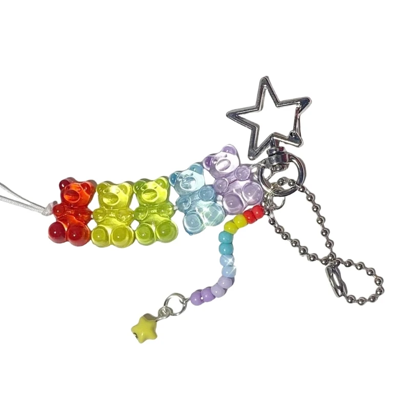 Multifunctional Rainbow Bead Keychain Vibranting Handmade Fashion Accessory with Lovely Bear Sturdy Pendant Daily Use