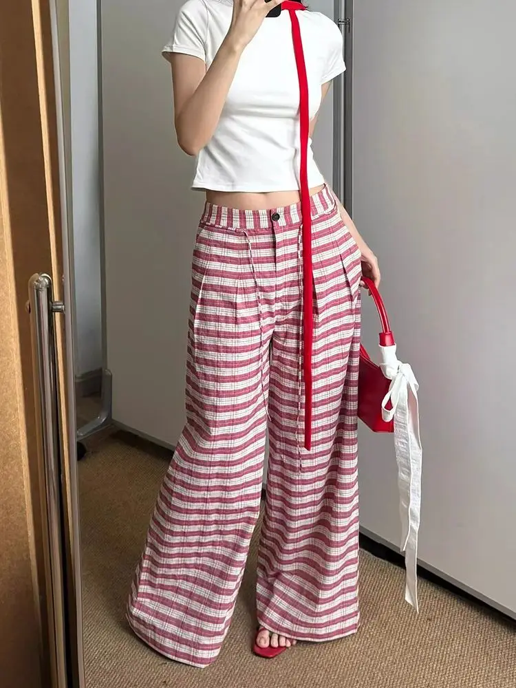 

HOUZHOU Striped Lace Up Oversized Women Pants Basic Wide Leg Korean Fashion Straight Trousers Baggy Casual Youthful Summer New
