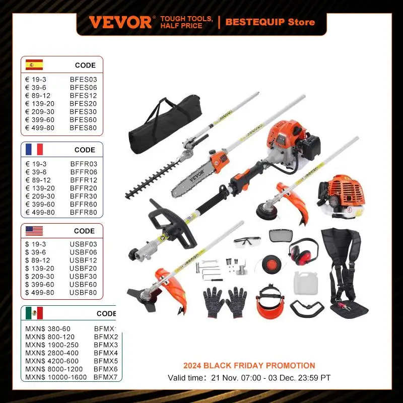 VEVOR 26CC 5-in-1 Multi-Functional Trimming Tools Gas Hedge Trimmer Weed Eater String Trimmer Edger Pole Saw Chainsaw Pruner