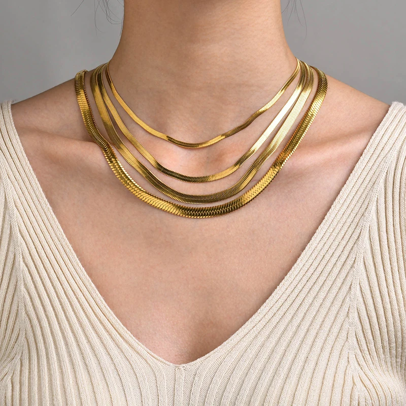 Hot Classic Unisex Flat Snake Chain Choker Necklace For Women Stainless Steel Herringbone Gold Silver Color Fashion Jewelry Gift image 2