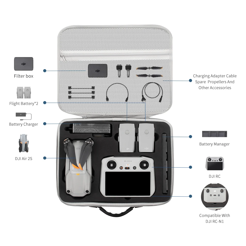 XFJI Carrying Case for DJI Air 2/2S All-in-one Storage Box Suitcase for Air 2/2S Drone Accessories PU Splash-proof Shoulder Bag