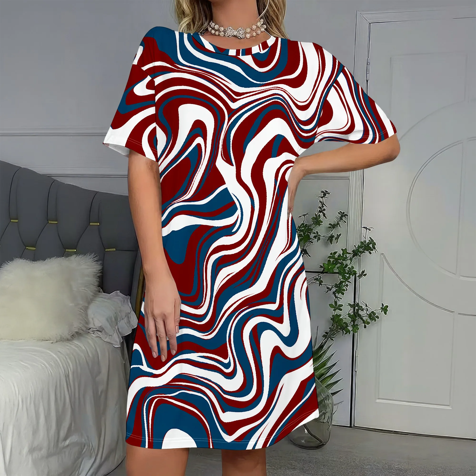 

Psychedelic Wave Print Dress, Red White Blue Swirl Mini Dress, Loose Fit T-Shirt Dress, Casual Summer Wear for Women, S-2XL