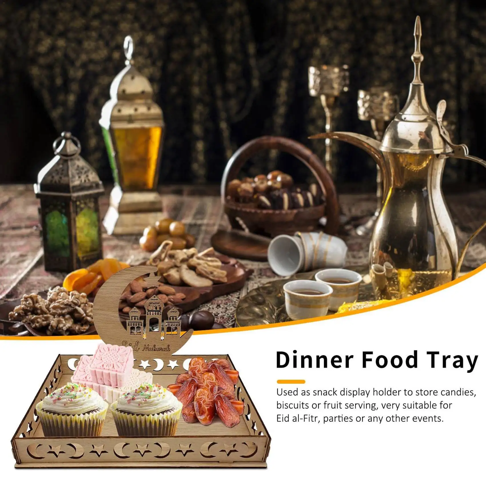 Wooden Eid Mubarak Food Tray Ramadan Decoration for Home Islamic Ramadan Kareem Muslim Party Decor Eid Mubarak Gifts C