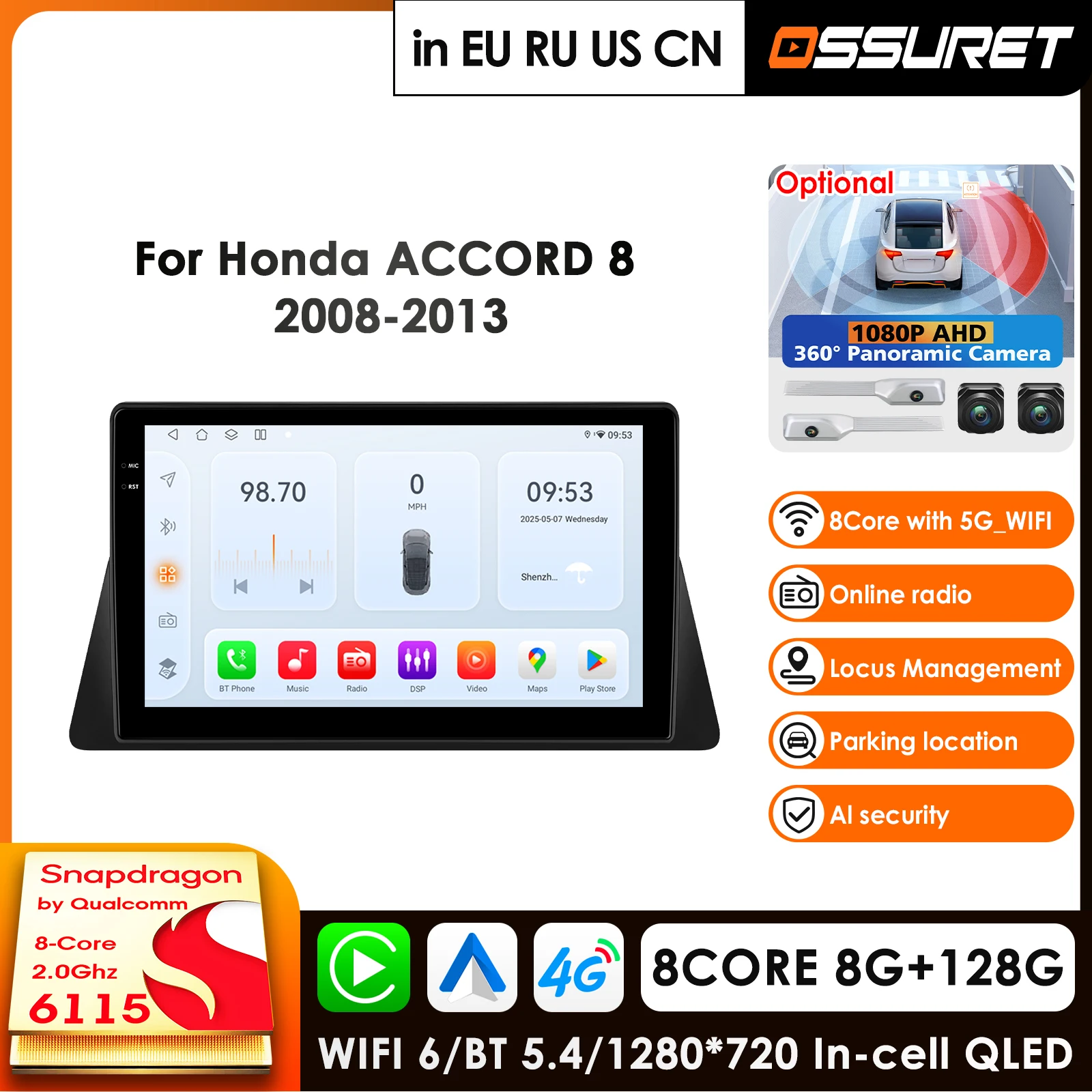 For Honda Accord 8 2008 2009 2010 2011 2013 Autoradio Android Car Multimedia Player Navigation HeadUnit GPS Audio Carplay 4G-LTE