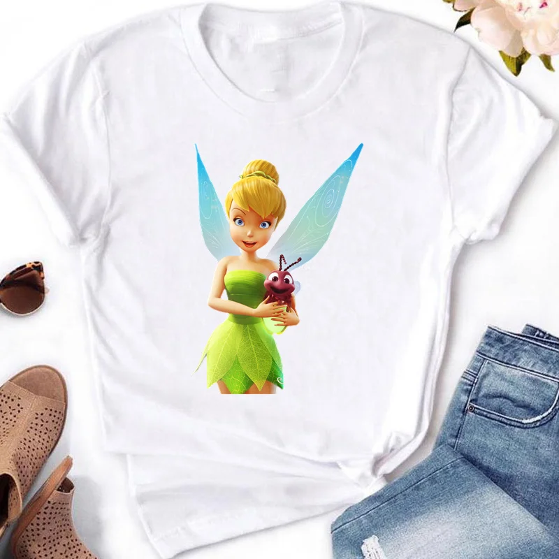 Disney Tinkerbell T-shirt Printed T Shirt Women Short Sleeve Leopard Tshirt Woman Tee Kawaii Clothing Black White Short Sleeve