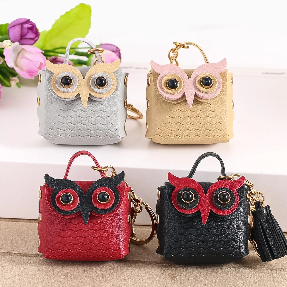 1pc Handmade Leather Keychain Owl Shape Coin Purse Pendant Creative Tide Bags Car Men and Women Keychain Pendant Gifts