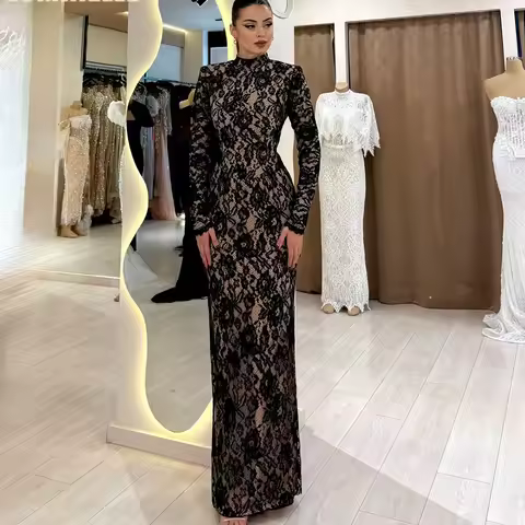 Customized Lace فساتين سهرة High Neck Straight Evening Dresses Arabic Dubai Long Sleeve Backless Prom Dress 2026