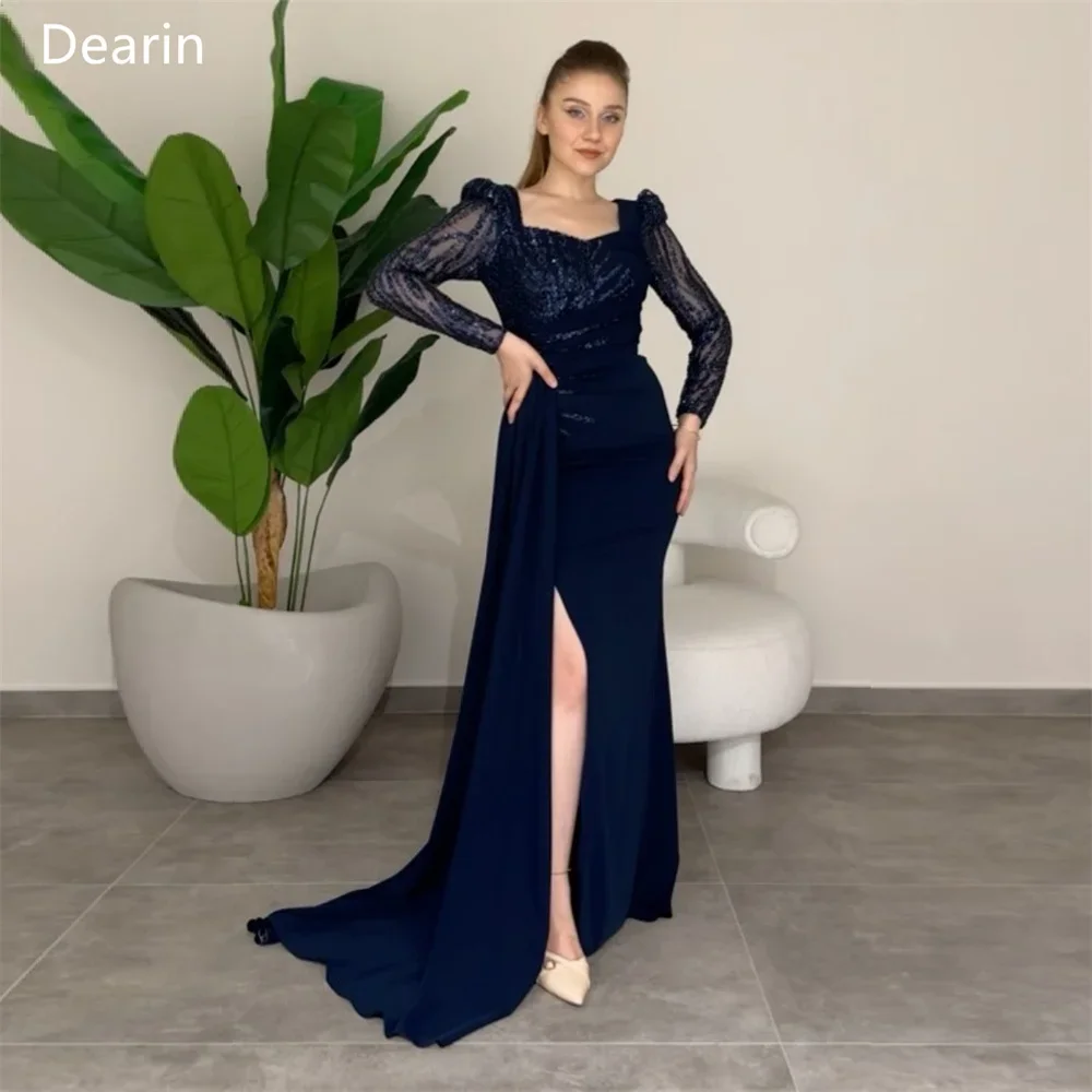 

Customized Prom Gown Dearin Square Collar Mermaid Floor Length Skirts Draped Sequin Tulle Bespoke Occasion Dresses Saudi Arabia